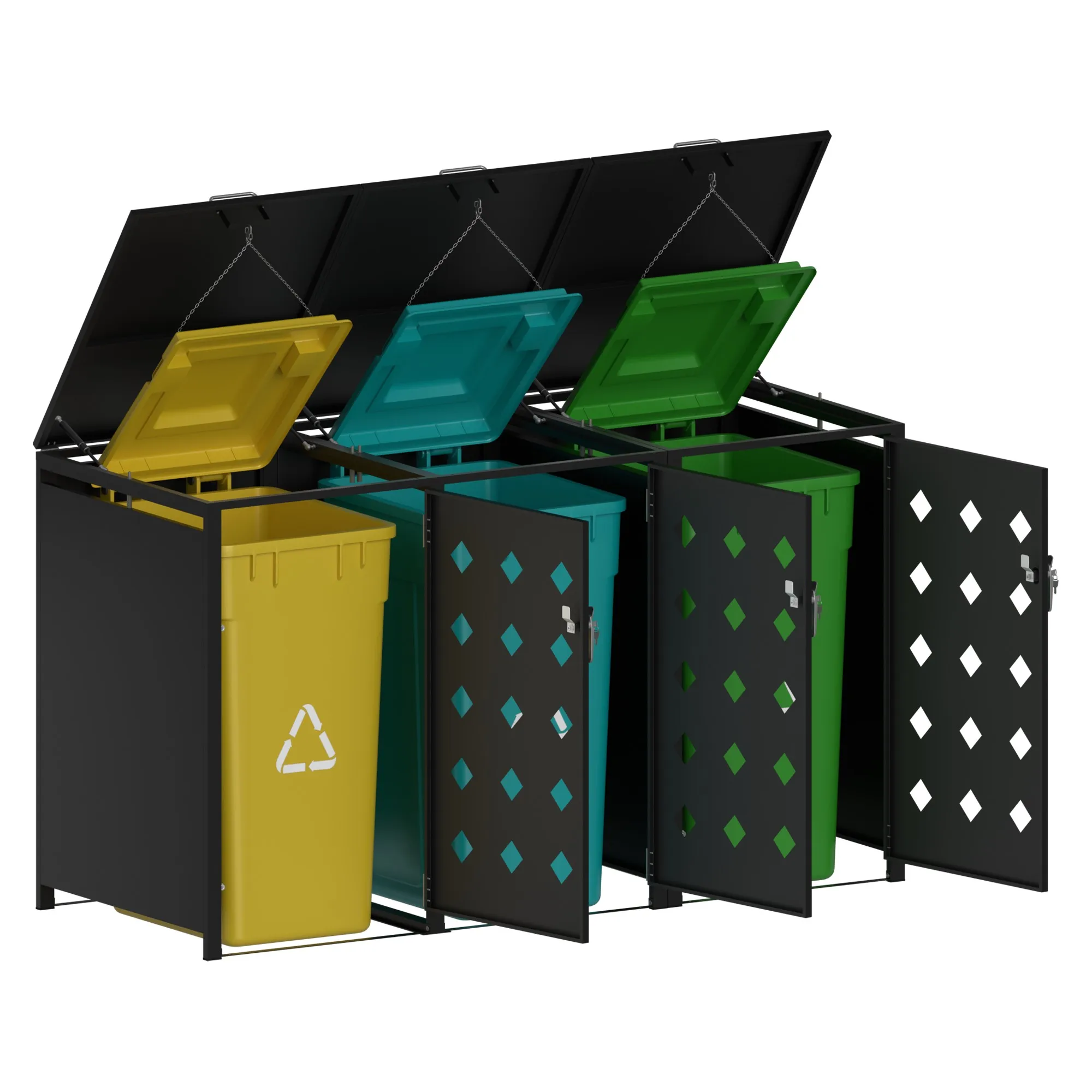 Corrosion resistant wheeled dumpster hidden outdoor dumpster storage shed 3 boxes yard backyard fashion garden dumpster cover