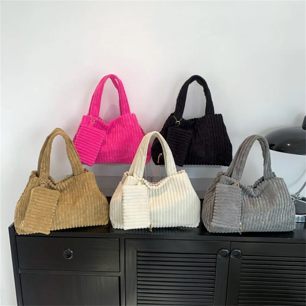 Corduroy Large Capacity Fashion Handbag For Women Winter Casual Single Shoulder Armpit Bag Shopping Totes Trendy Striped Bag