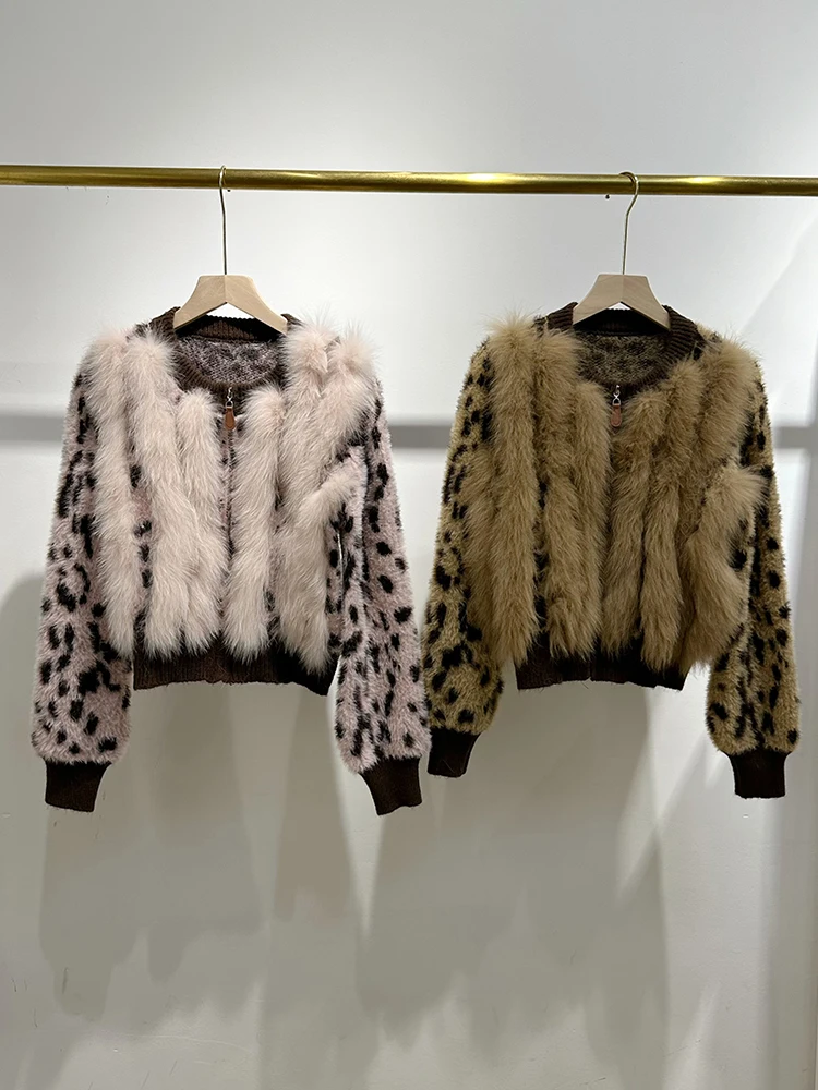 2026 Autumn Women Real Natural Fox Fur Oversized Cardigan Spring Special Design Leopard Print Sweater Wear Outwear