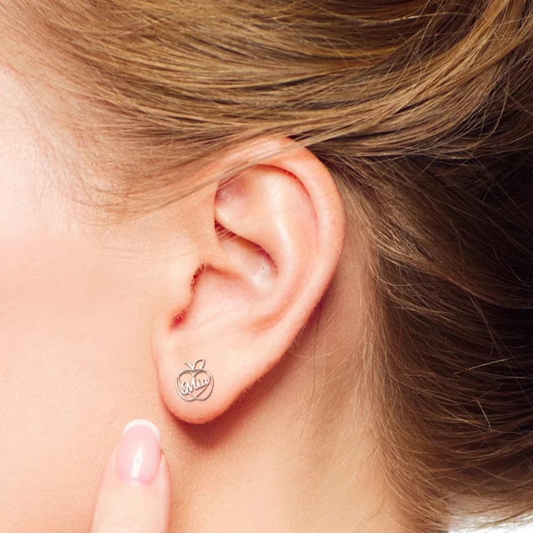 Trendy Customized Apple-Shaped Handwritten Name Earrings, Personalized Stainless Steel Name Studs for Women, Daily Wear Jewelry