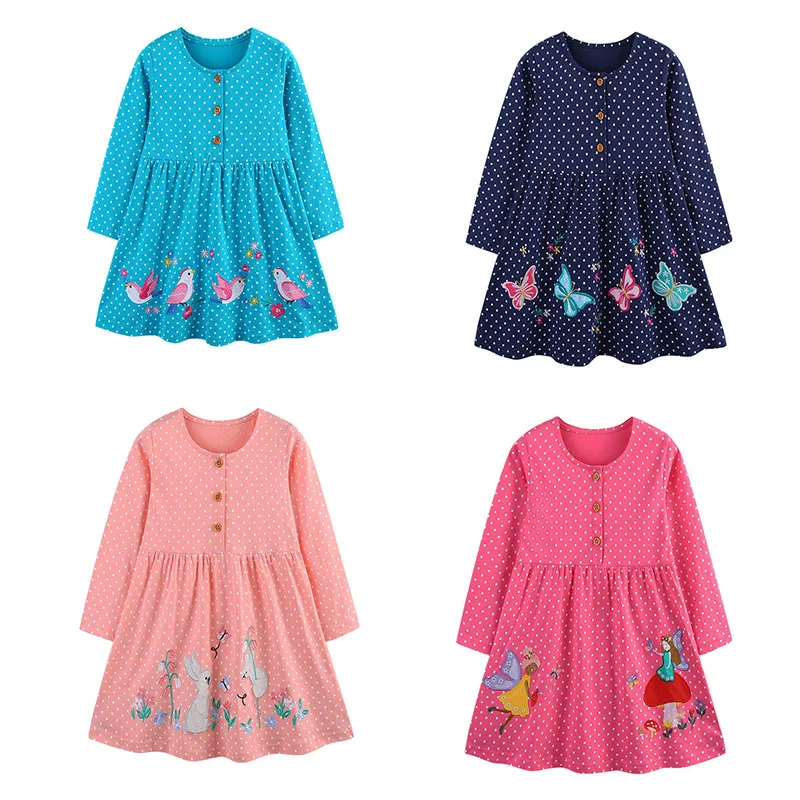

Jumping Meters 2-7T Long Sleeve Autumn Spring Girls Dresses Buttons Dots Cotton Baby Clothes Princess Girls Frock Costume