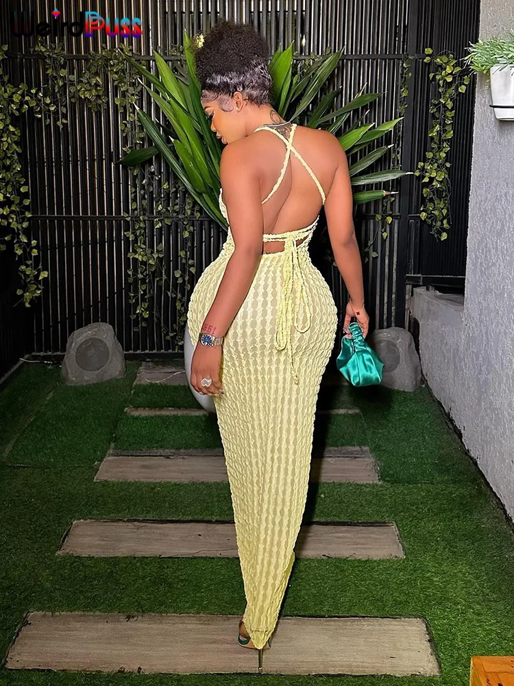 Strano Puss Backless Halter Dress Donna Fasciatura incrociata senza maniche Sexy elegante skinny elasticizzato Festa di nozze Maxi abiti aderenti