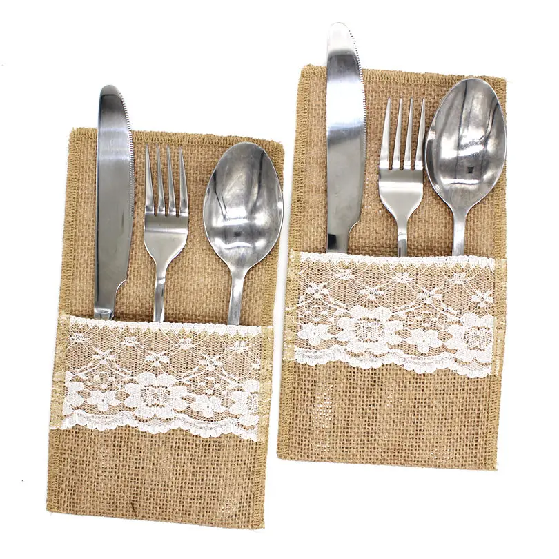 

10PCS Vintage Jute Hessian Burlap Linen Lace Cutlery Pouch Rustic Wedding Decoration Party Birthday Tableware Supplies Holder