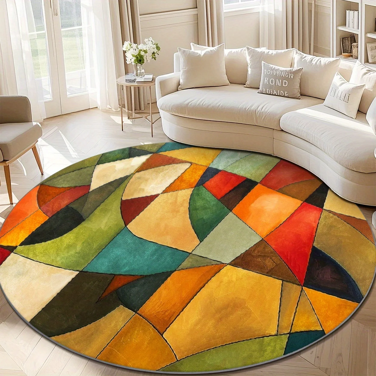 Mat Carpet Rug Mid‑Century Non Slip Colorful Shape Round for Household Bedroom Living Room Floor Decor
