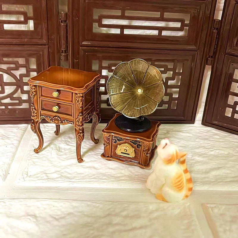 2Pcs/set 1:12 Dollhouse Miniature Retro Mini Phonograph Cabinet Set Can Play Songs Doll Home Living Room Furniture Decor Toy