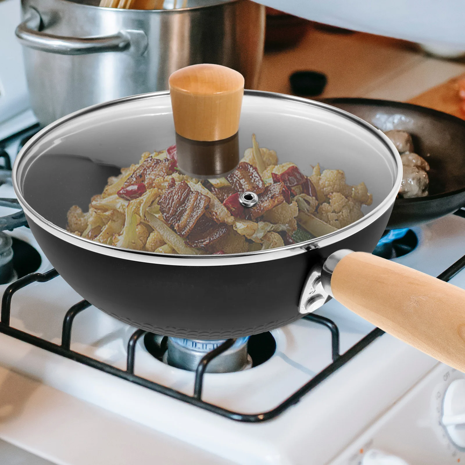 

1Set Flat Bottom Wok Small Iron Frying Pan Glass Lid Suitable Gas Stove Open Flame Cooking Kitchenware Chinese Wok
