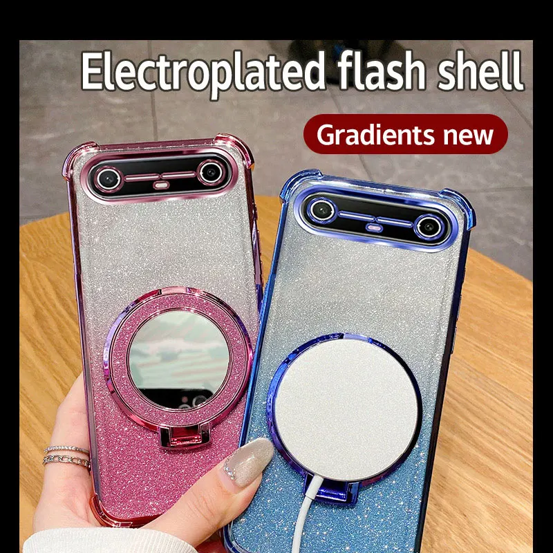 Four Corners Shockproof Glitter Case for Tecno Spark Slim Magnetic Mirror Holder Silicone Case for Tecno Pova Slim Stand Shell - view 4