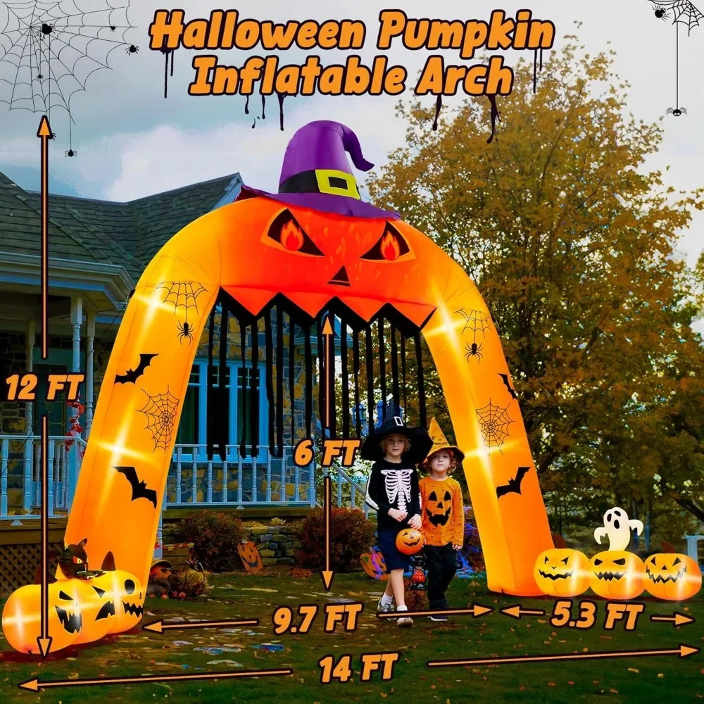 14FT Halloween Inflatables, Giant Halloween Pumpkin Archway Inflatables with Witch Hat, Blow Up Scary Pumpkin with Built-in LED