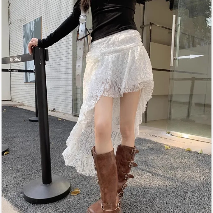 Irregular lace midi skirt for women in spring and summer, high waisted and slimming A-line cake and anti stripping skirt pants