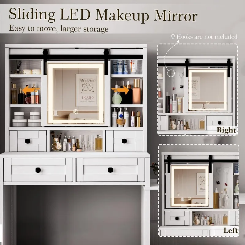 Farmhouse Makeup Vanity with Sliding Mirror and Lights, 49 