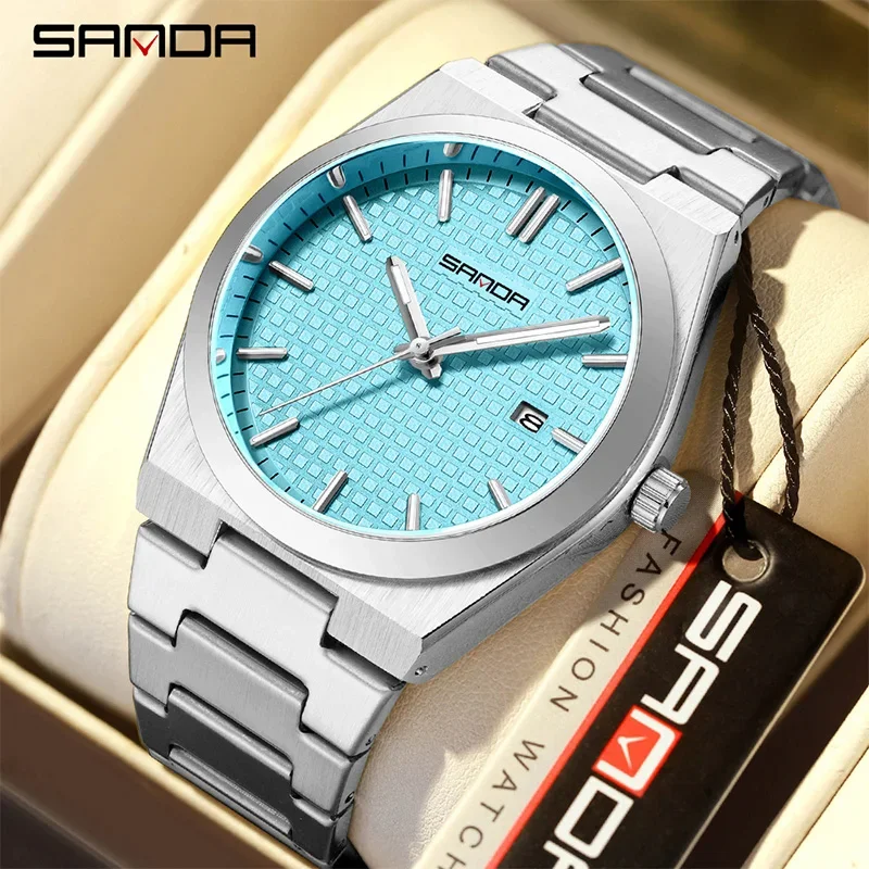 SANDA أفضل رجل الأعمال ساعة مضيئة مقاوم للماء الفضة سوار فولاذي غير قابل للصدأ الرجال الطلب الكبير تاريخ كوارتز موضة ساعة رجالية عادية