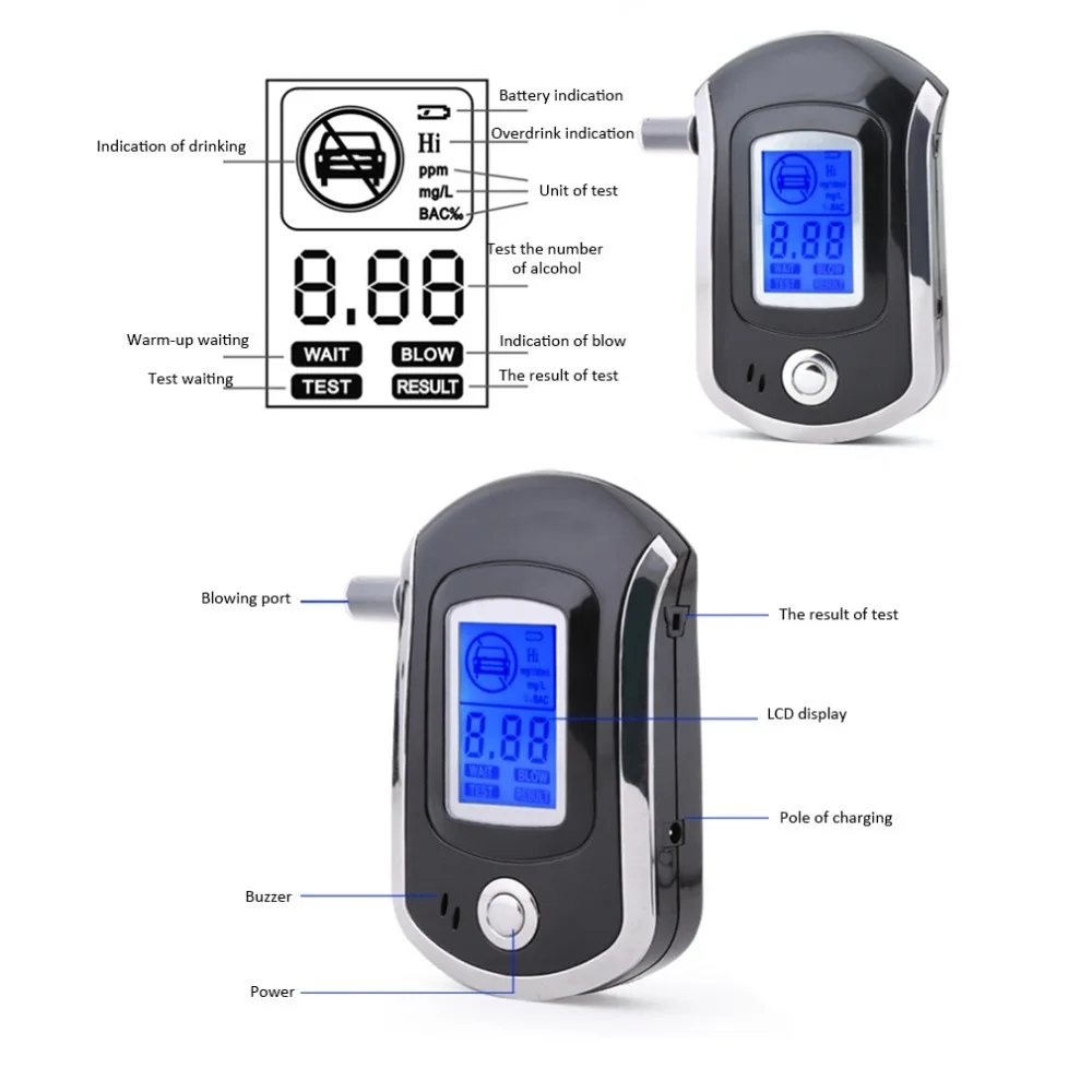 Handheld  Digital Alcohol Detector Breathalyzer Police Alcotest 1Pc LCD Screen Safety Alcohol Breath Tester Display(No Battery)