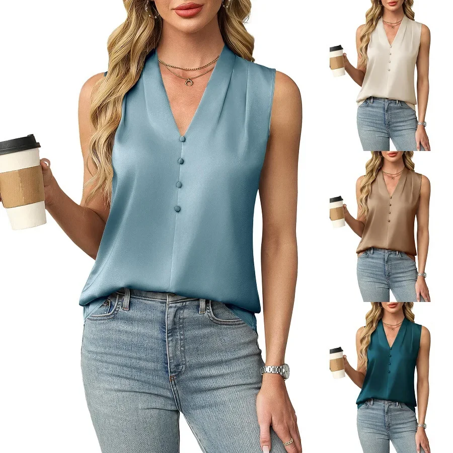 

2025 Women's Blouses Summer Fashion Elegant Temperament Satin Work Tank Shirts Casual Button V-Neck Sleeveless Vest Black Tops
