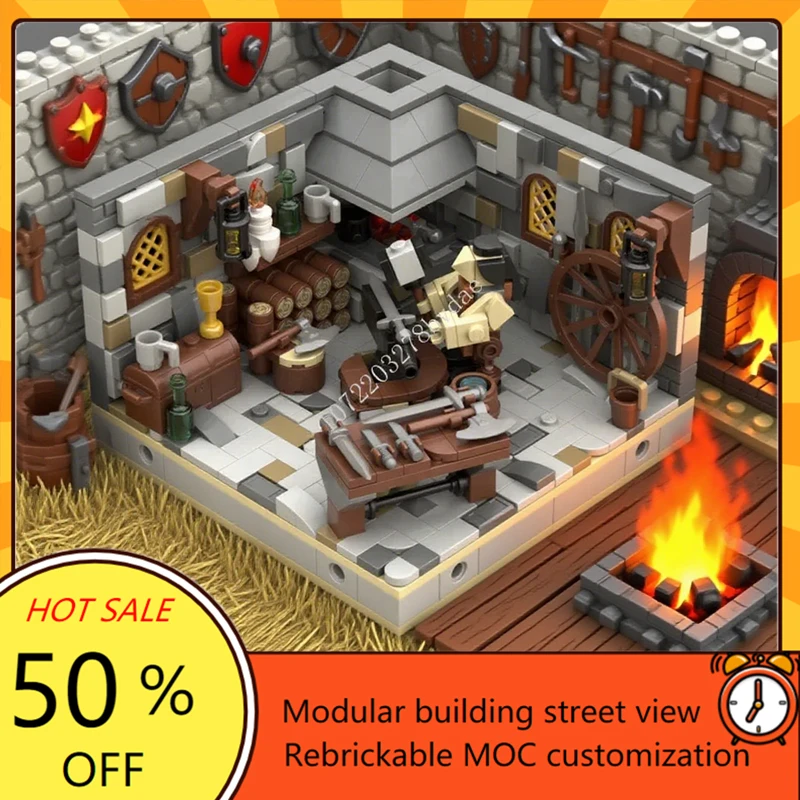 

577PCS Medieval Blacksmith MOC Custom Creative Model Puzzle Assembly Kit Architecture Birthday Toy Christmas Gift for Ages