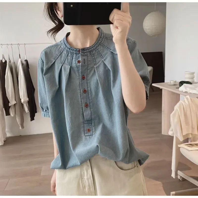 

Denim Shirt, All-match Fashion Round Neck Short-sleeved Top, New Spring Style, Loose and Slim-fitting Casual Korean Top