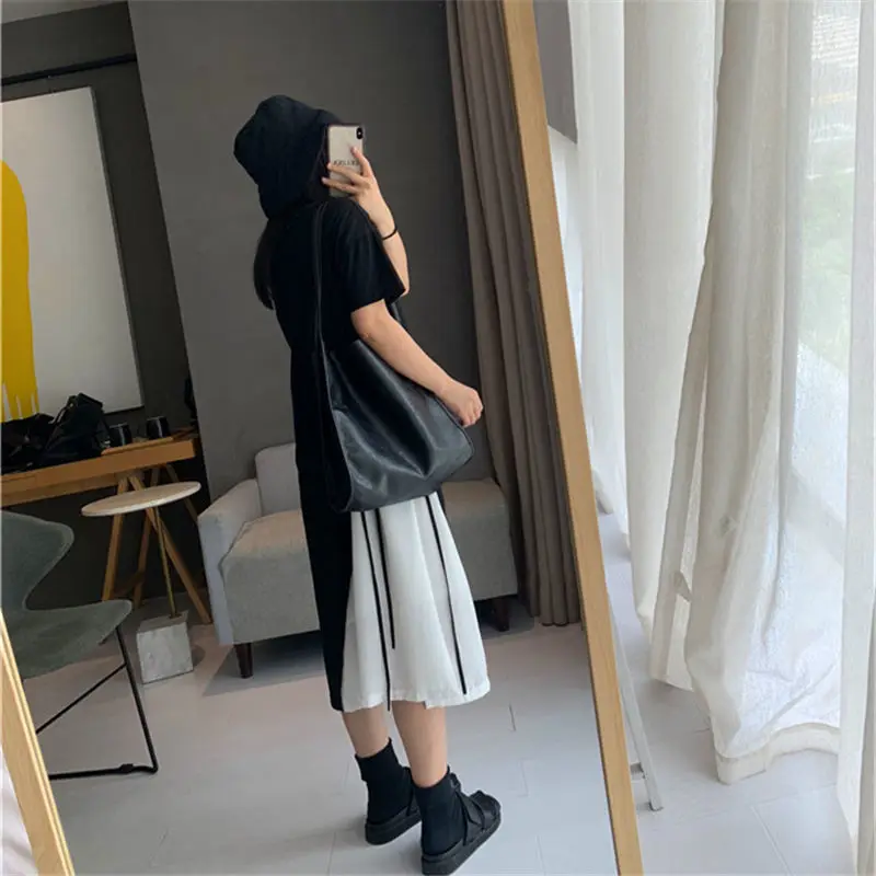 Fashion O-Neck Spliced Bandage Fake Two Pieces Midi Dress Female Clothing 2024 Summer New Oversized Young Style Casual Dress