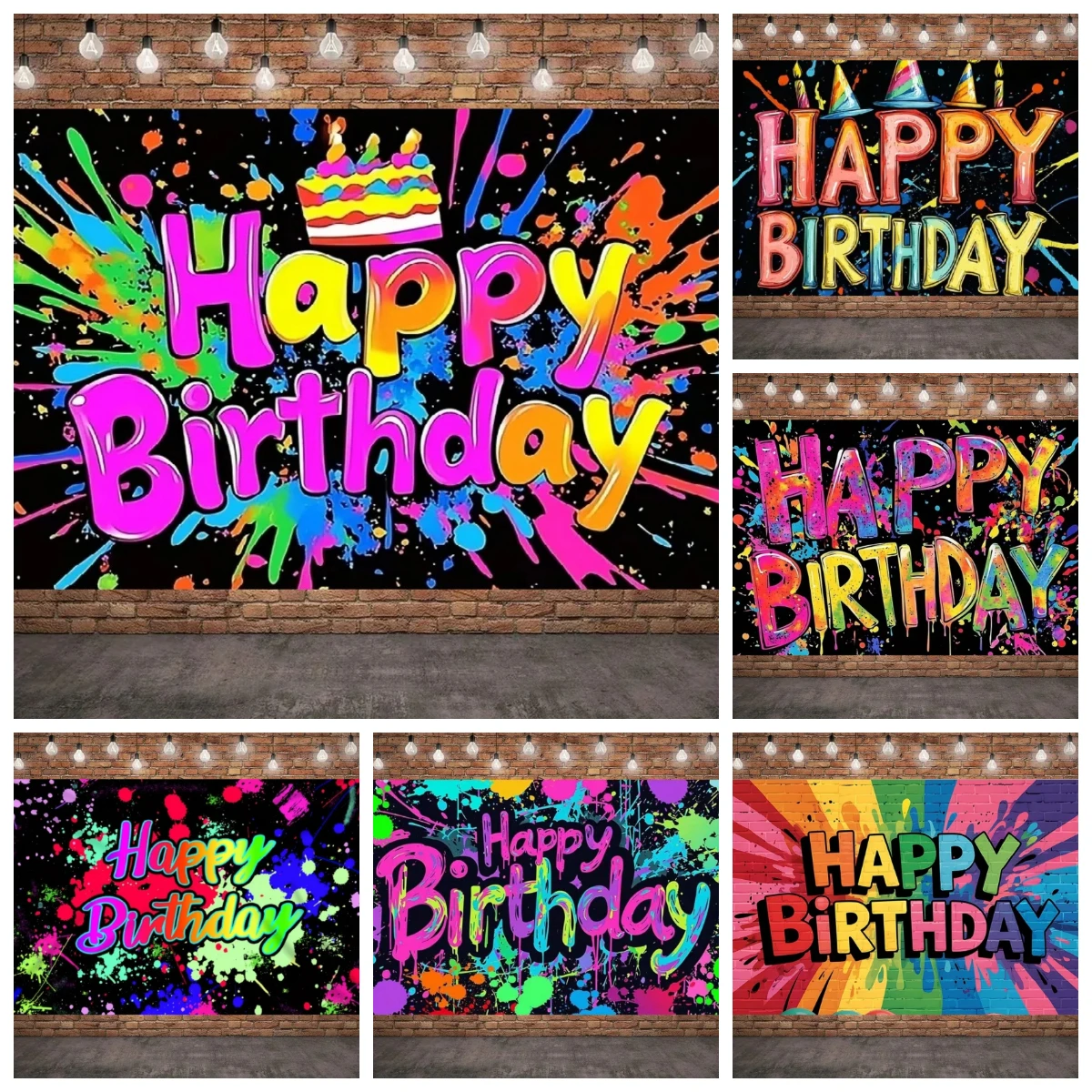 

Splashing Graffiti Wall Happy Birthday Backdrop Colorful Glowing party Decoration Banner Hip Hop Photography Background PropGift