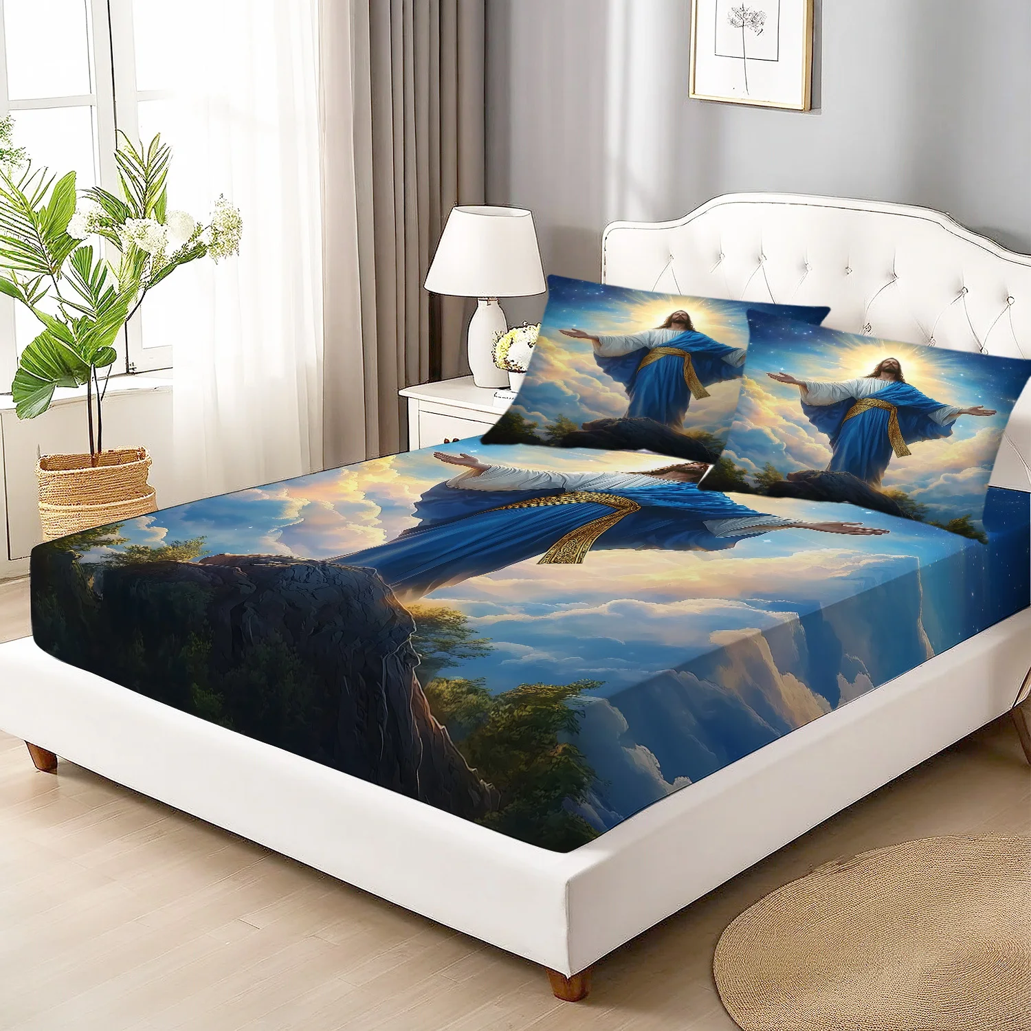 Latacaca 3pcs Jesus with Open Arms on the Mountain Pattern Fitted Sheet Set, 1 Fitted Sheet and 2 Pillowcases