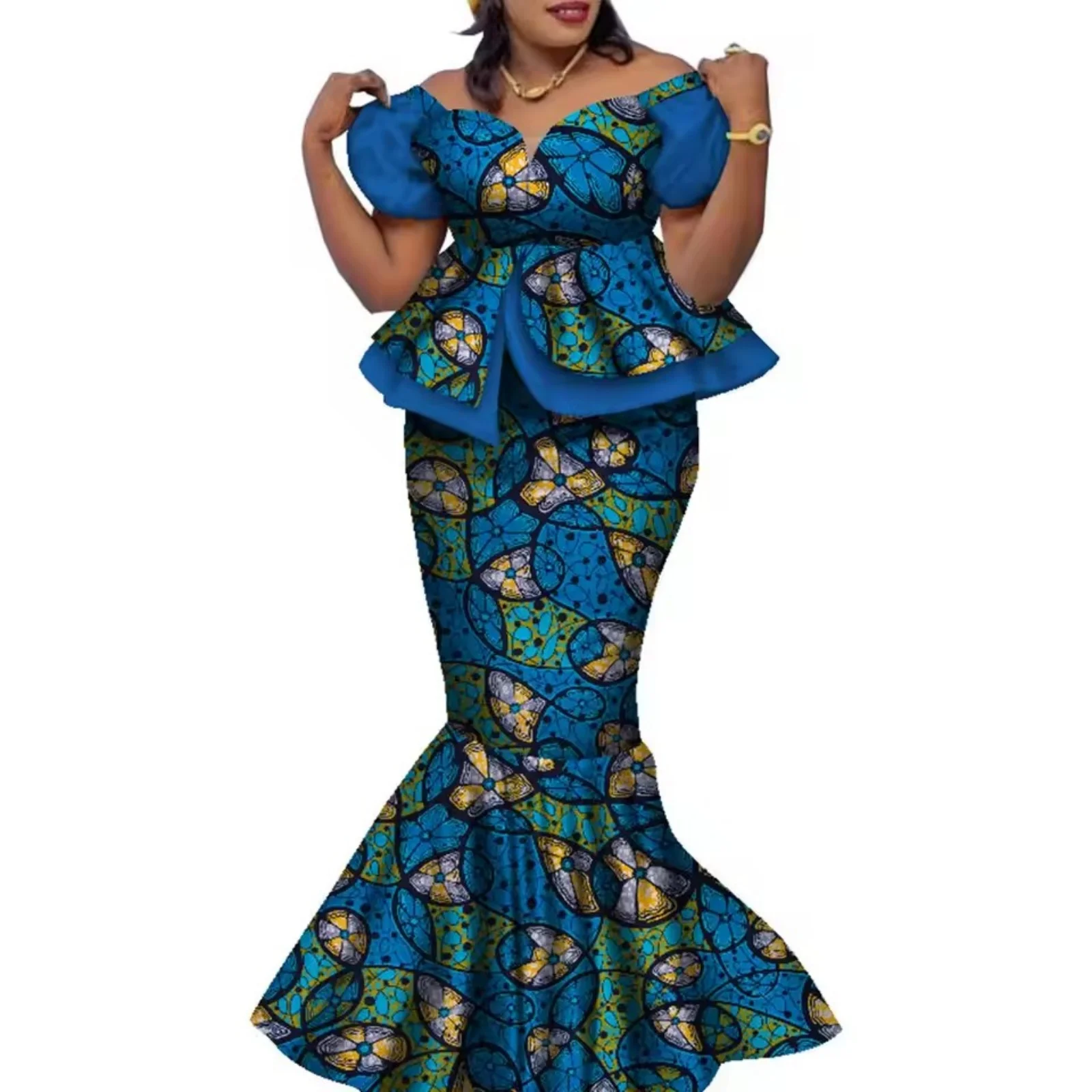 

Sale African Women Skirt Set Fashion Lantern Sleeve Ruffled Top and Slim Maxi Skirt Vestidos with Headwrap Dashiki Wedding Dress