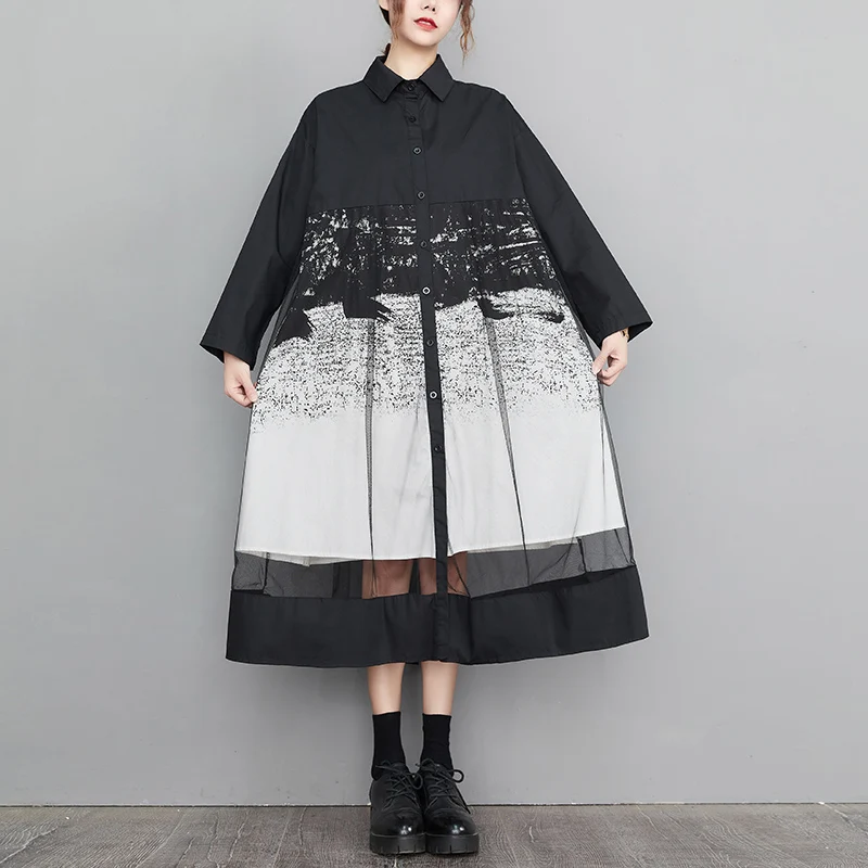 Mesh Patchwork Print Shirt Dresses For Women Long Sleeve Loose Casual Vintage Dress Fashion Elegant Clothing Spring Autumn 2026