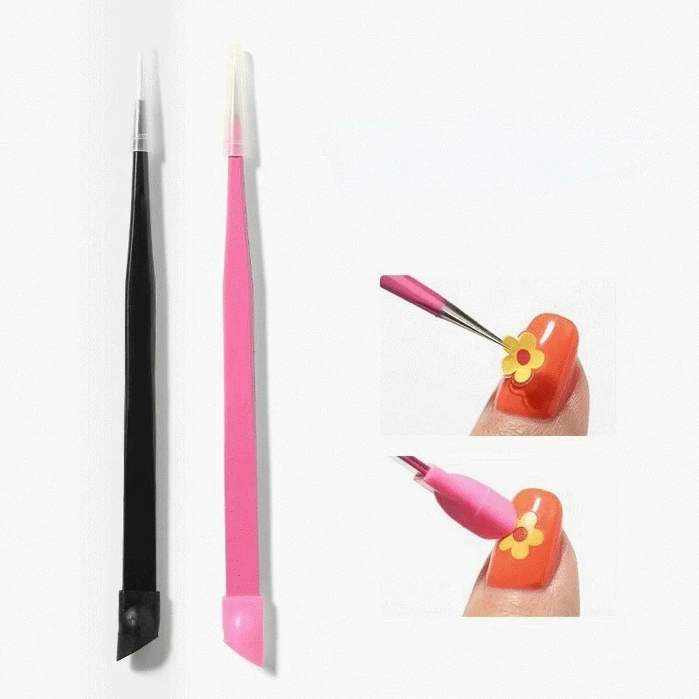 1pc Straight Nail Tweezers With 2 Heads And Silicone Pressing Head, Metal Nails Tools For 3D Sticker Rhinestones Water Sticker P