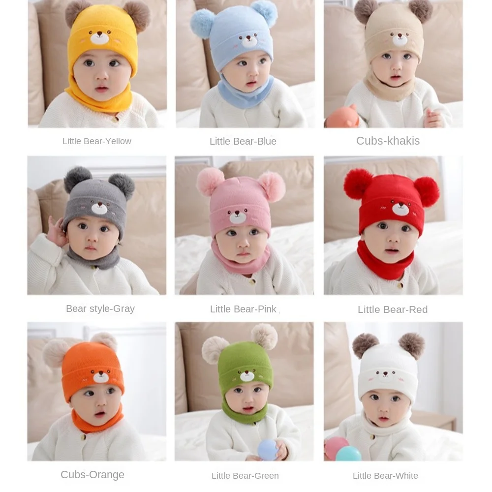 Chapeau tricoté de dessin animé de 0 à 3 ans, chapeaux brodés pour enfants, Protection des oreilles, chapeau chaud, ensemble écharpe pour l'extérieur