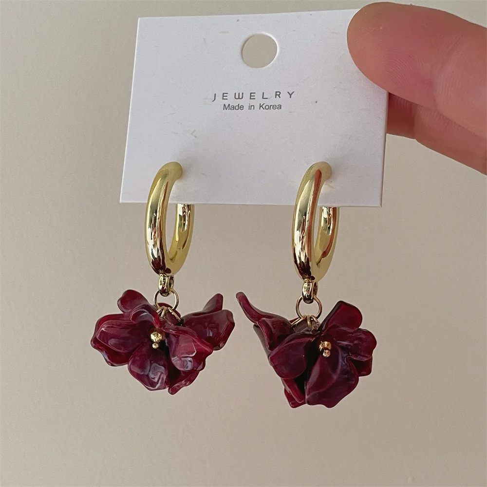 الكورية الفرنسية خمر الاكريليك مصبوغ زهرة قطرة C على شكل أقراط مزاجه الحلو مجوهرات للنساء هدايا مهرجان الحفلات #2