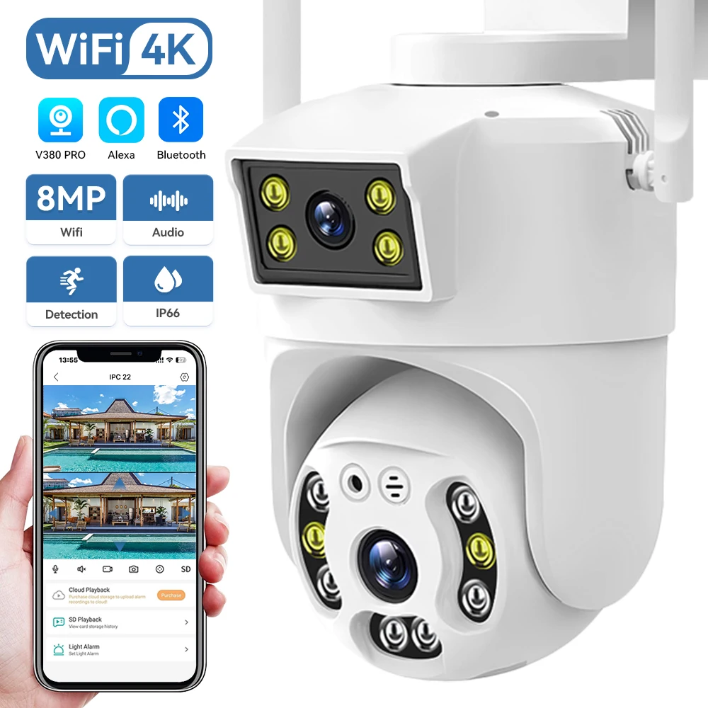 8MP 4K Dual Lens Wifi PTZ Camera Smart Home Night Vision Dual Screen Outdoor 6MP Security Protection CCTV IP Camera V380 Pro APP