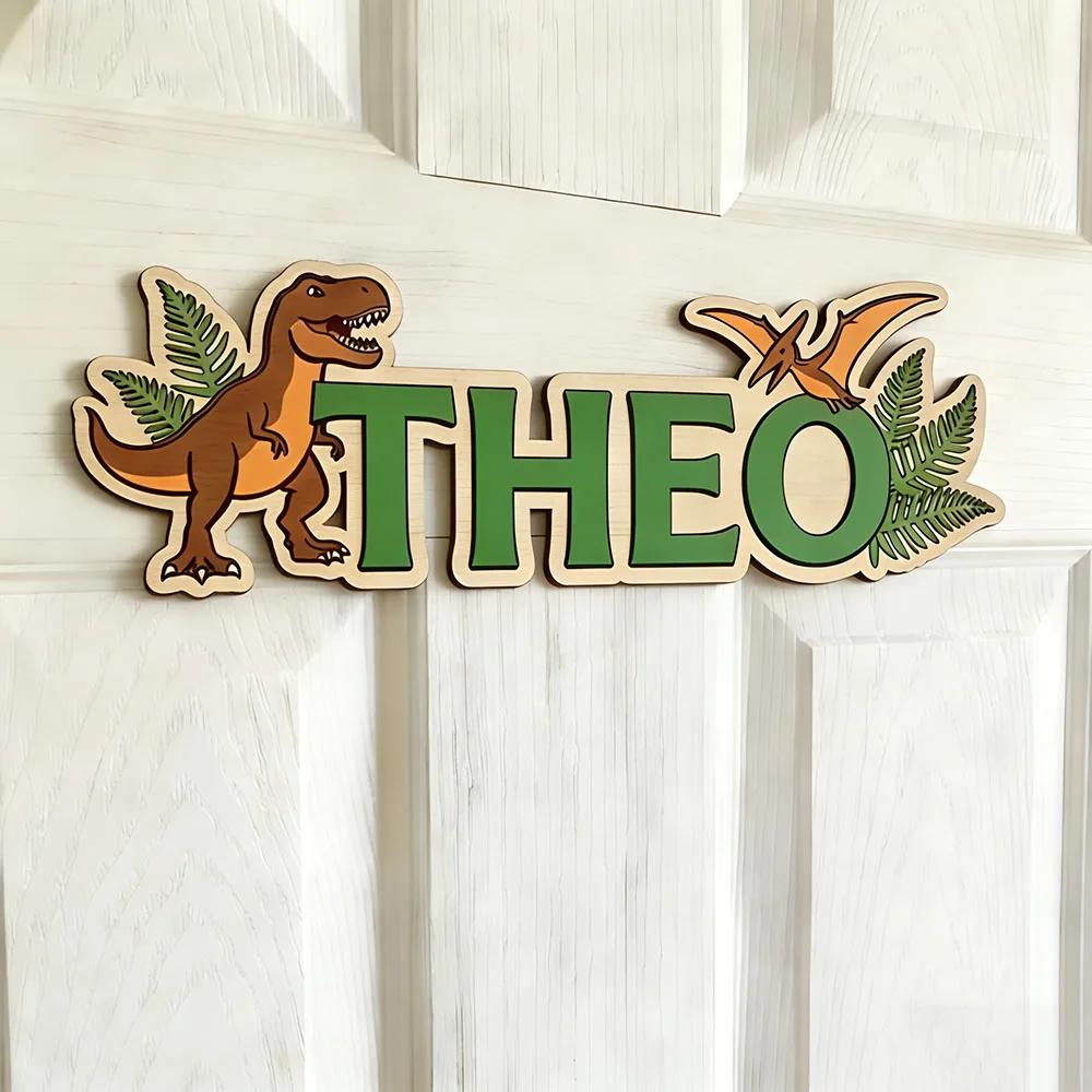 Personalized Dinosaur Name Sign for The Dearest Baby, Wooden Nursery Decor with T-Rex & Pterodactyl, Cute Kids Door Plaque, Baby view 6