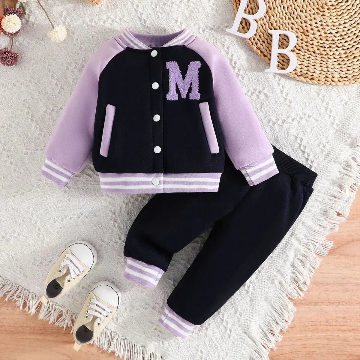 New baseball jersey letters long sleeve jacket solid color pants two-piece set in stock