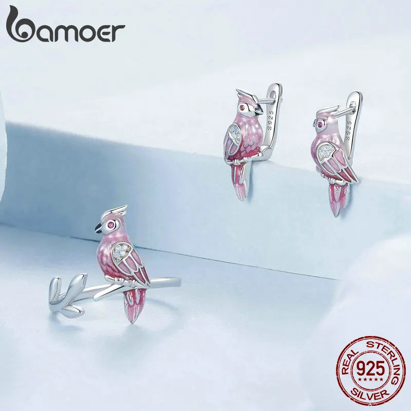 BAMOER 925 Sterling Silver Cute Parrot Ring & Earrings, White Gold Plated Nano Opal Bird Jewelry Statement Gift for Women BSR551