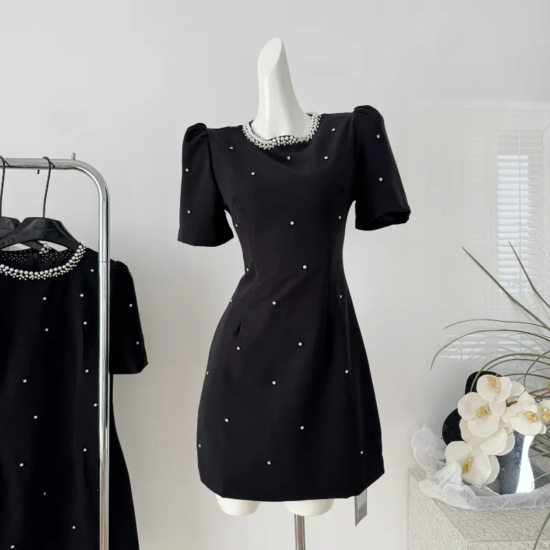 Hepburn Wind Black Short Sleeved Dress Women Summer O Neck Beading Fashion Small Fragrant Party Wedding White Short Dress