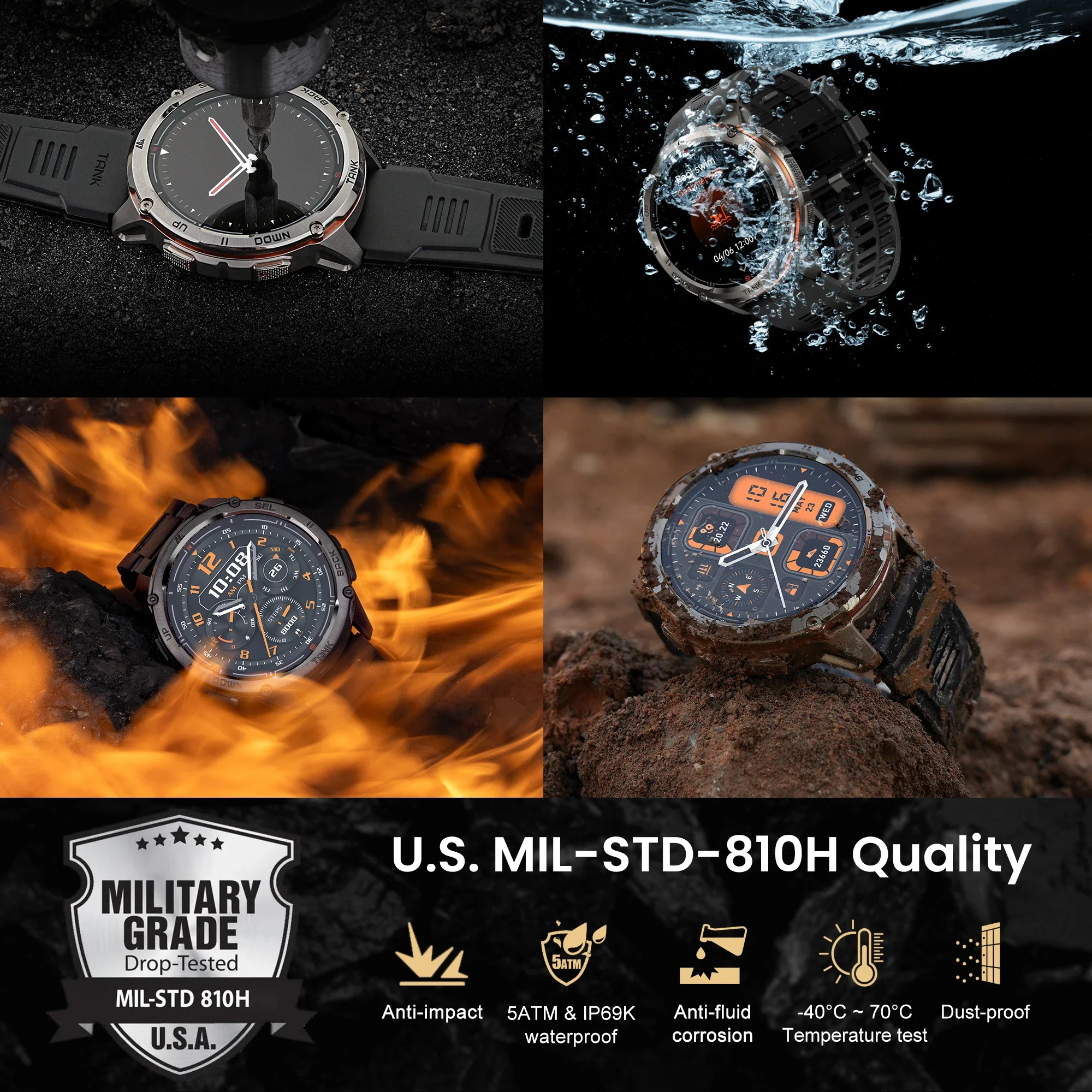 KOSPET TANK T3 Ultra 2 남성용 GPS 스마트 시계 Smartwatch Compass 고도계 기압계 5ATM IP69K 방수 AMOLED 남성용 시계