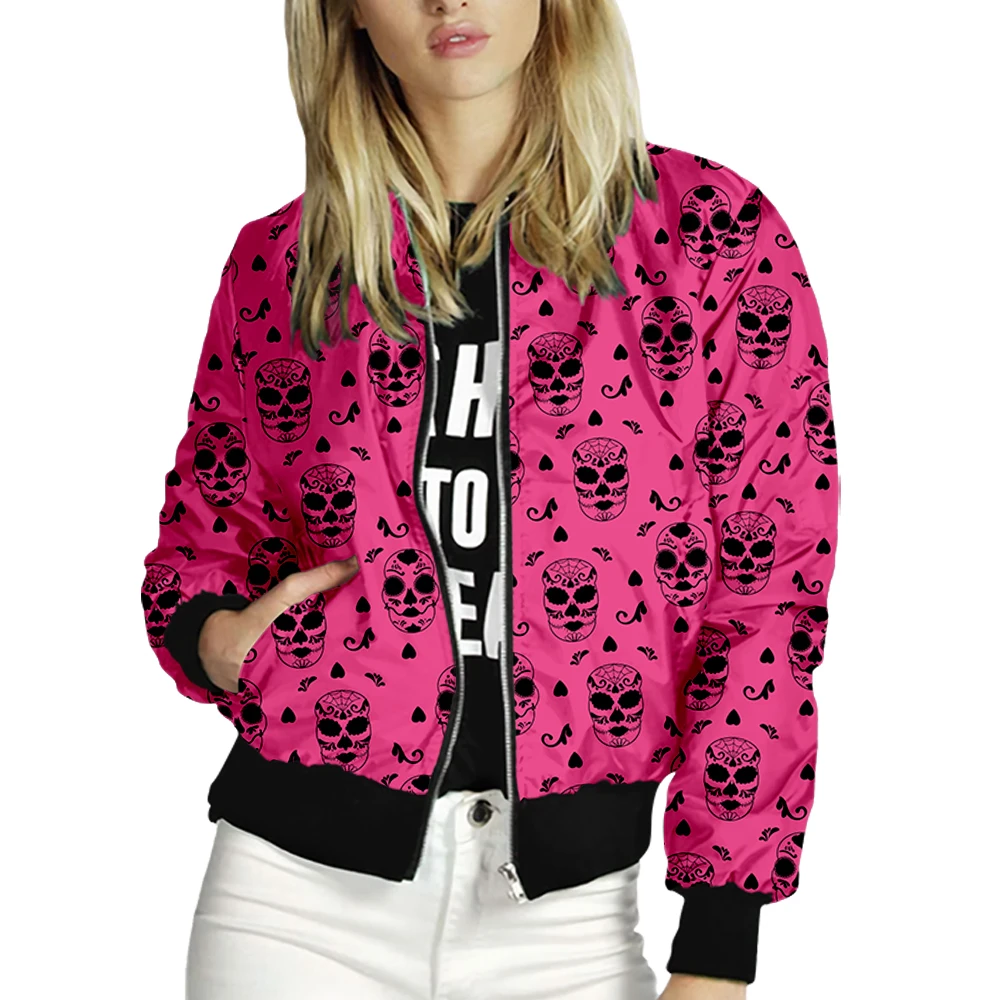 Women\'s Jacket Tops Long Sleeves Skull Print Baseball Collar Zipper Coat Slim Fashion Lady Girls bomber Jacket Street Style