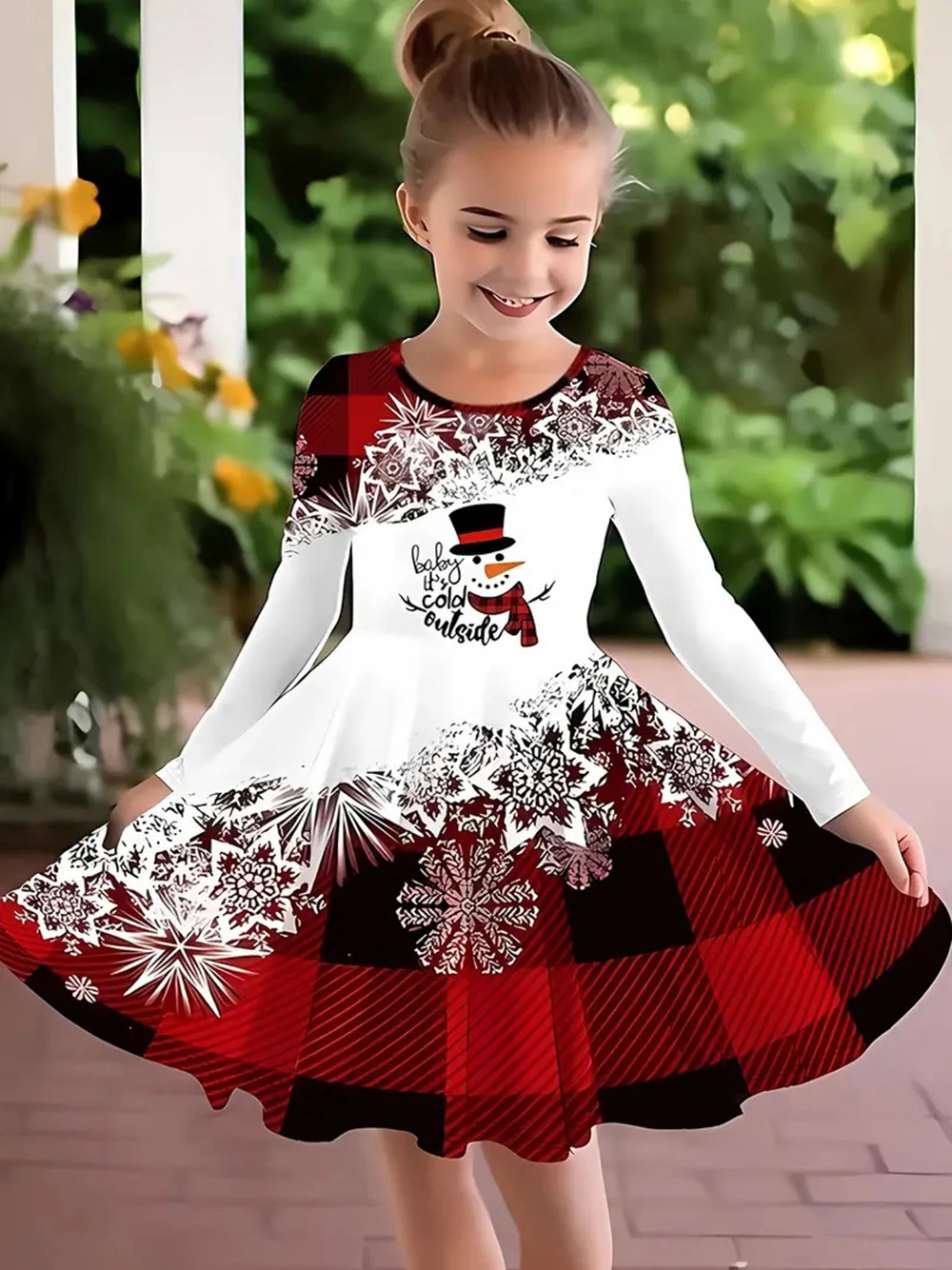 Christmas Dress Girl Elk Print Long Sleeve Dress Christmas A-Line Skirt Autumn Princess Dress Carnival Party Cotton Casual Dress