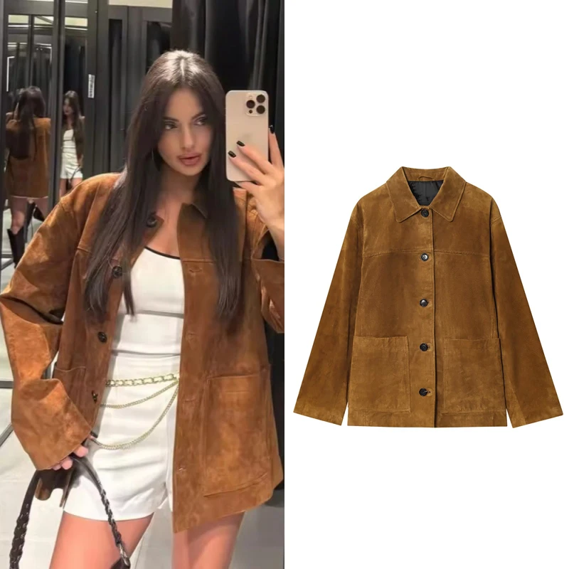 

Vintage Suede Jacket For Woman Elegant Chic Turn-Down Collar Long Sleeve Outwear 2025 New Autumn And Winter Casual Loose Coat