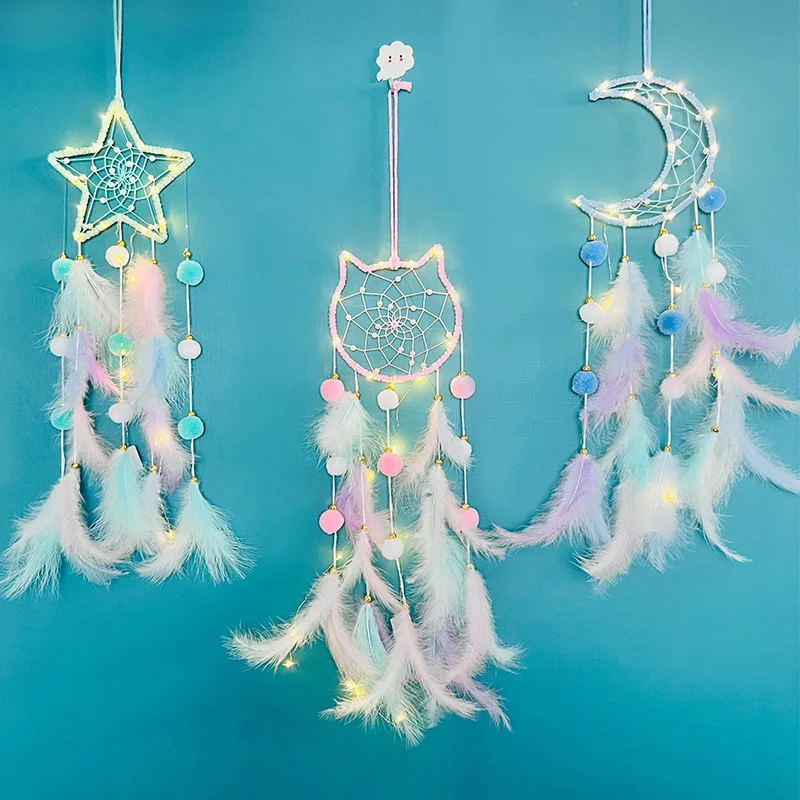 Living Room Girl's Heart Catcher Dream Net Pendant Wind Chime Handmade Feather Woven Pendant Cute Children's Room Decoration