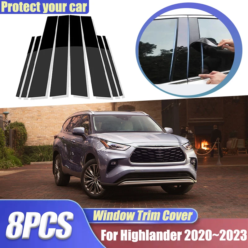 

Car For Toyota Highlander 2022 XU70 Kluger XLE 2020~2023 8pcs Window Trim Covers B C Pillars PC Stickers Column Auto Accessories