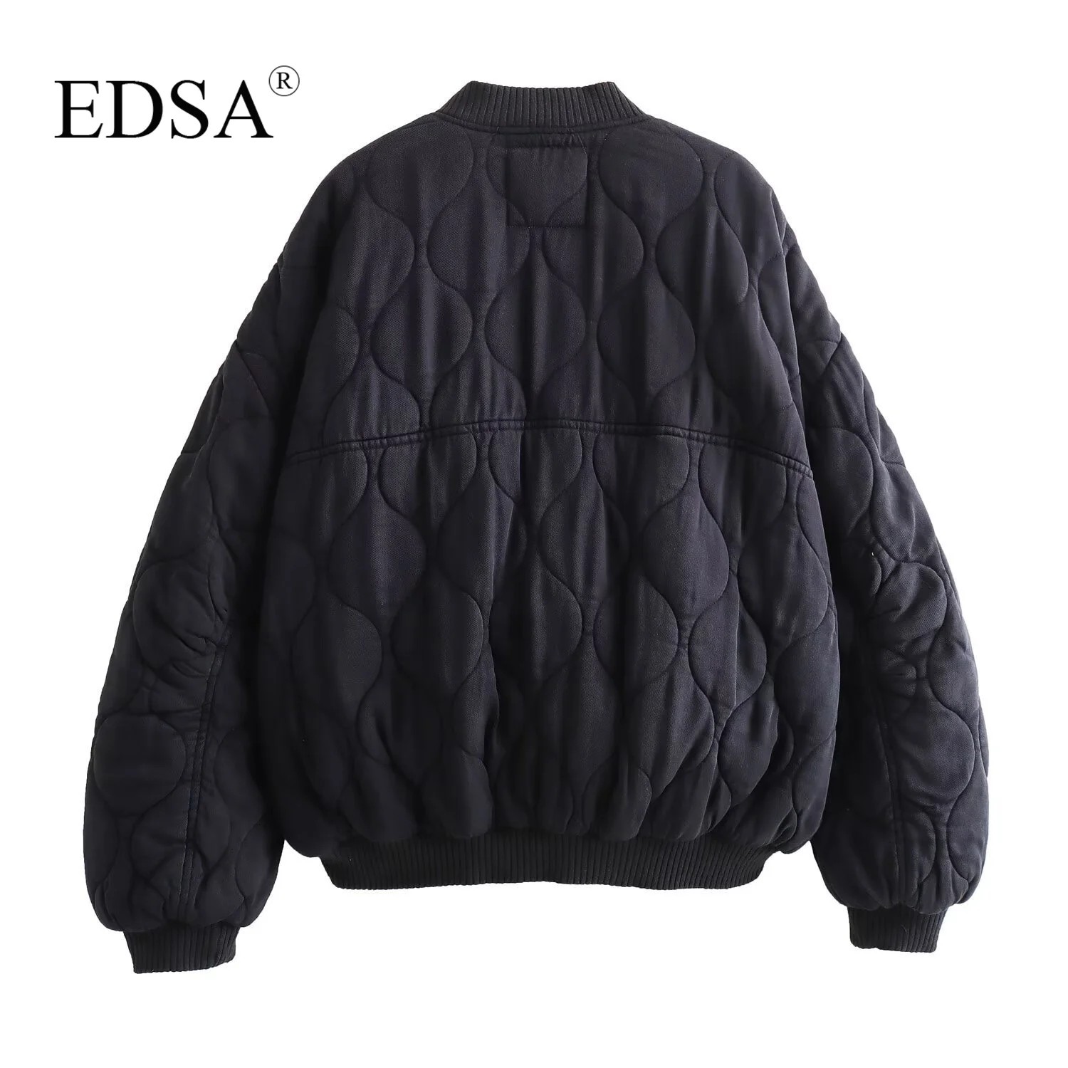 EDSA Women Oversized Quilted Bomber Jackets Thick Warm Coat Long Sleeve Snap-Button Female Outerwear Chic Tops