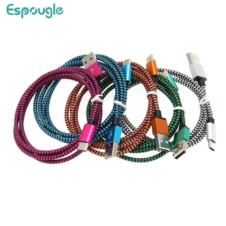 100pcs Fabric Braided 1M 2M 3M Micro USB Type C Charging Charger Sync Data Cord Cable for iPhone Samsung Xiaomi Mobile Phone