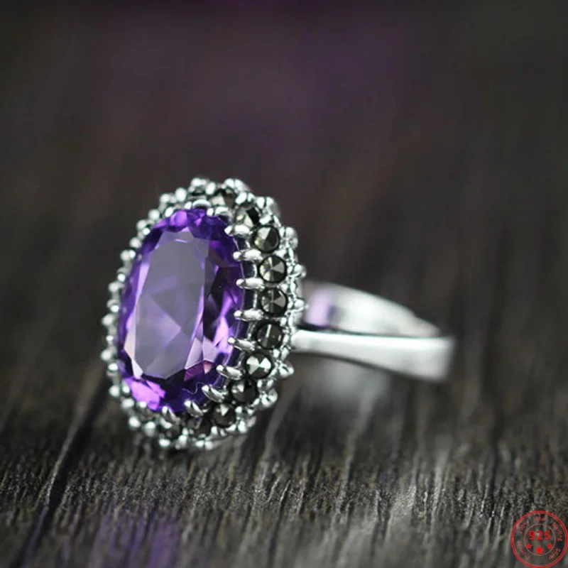 

Genuine S925 Sterling Silver Charms Rings for Women New Fashion Claw Setting Amethyst Garnet Marcasite Jewelry Wholesale