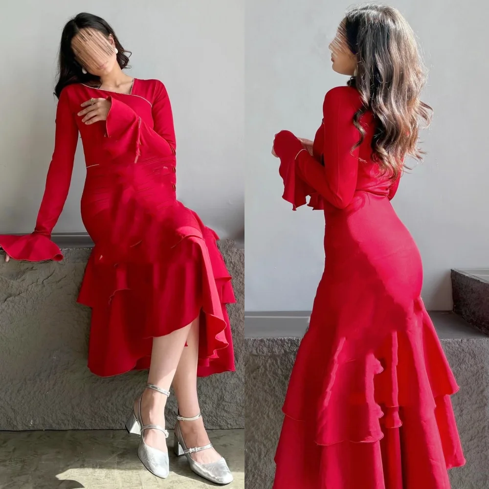 

Customized Satin Tiered Ruffle Graduation A-line V-neck Bespoke Occasion Gown Midi Dresses Saudi Arabia