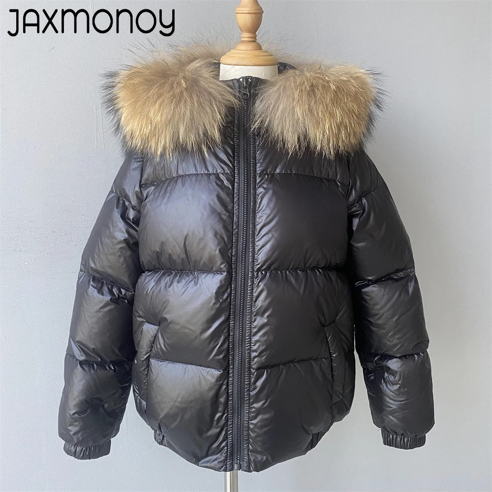 Jaxmonoy-Jaqueta monocromática com capuz para bebê, pato branco, gola de pele real, roupa de exterior infantil, casaco de menino e menina, novo, inverno