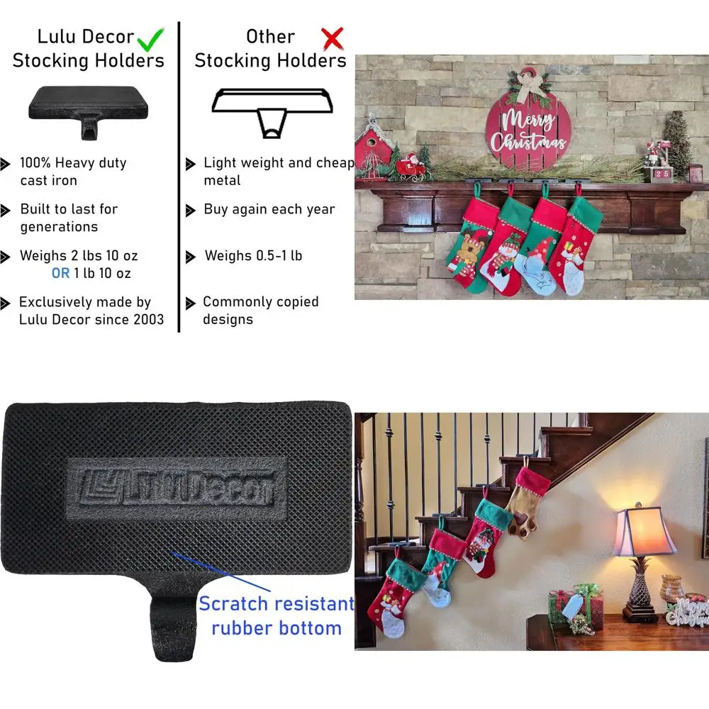 

Heavy Cast Iron Stocking Holders Set of 4 - Sturdy Mantle Decor Hooks, Low Profile Base, 2 lbs 10 oz Each