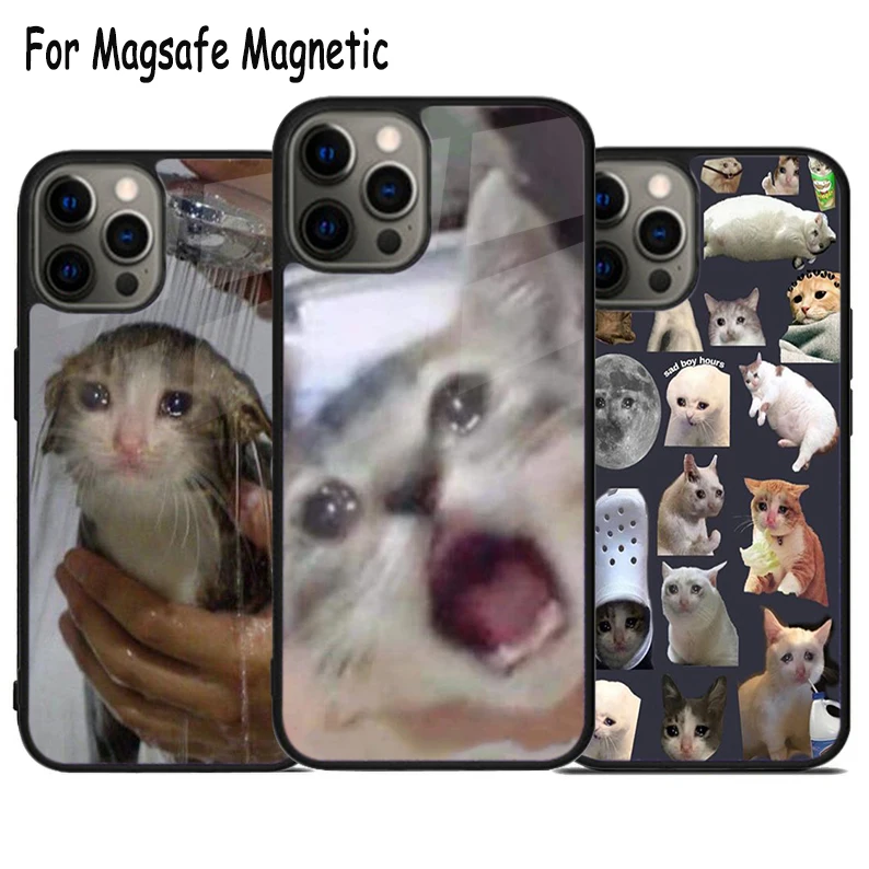 Crying Cat Memes Wireless Charge Magsafe Phone Case For iPhone 15 16 14 13 11 12 Pro Max Plus Magnetic Bumper Cover