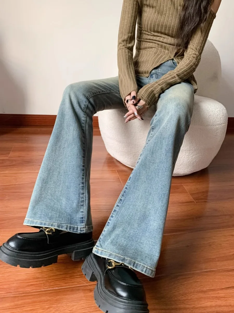 Retro High Waist Washed Micro Flared Jeans Women's 2025 Spring Autumn New Small Size Floor Length Slimming  Hoof Pants
