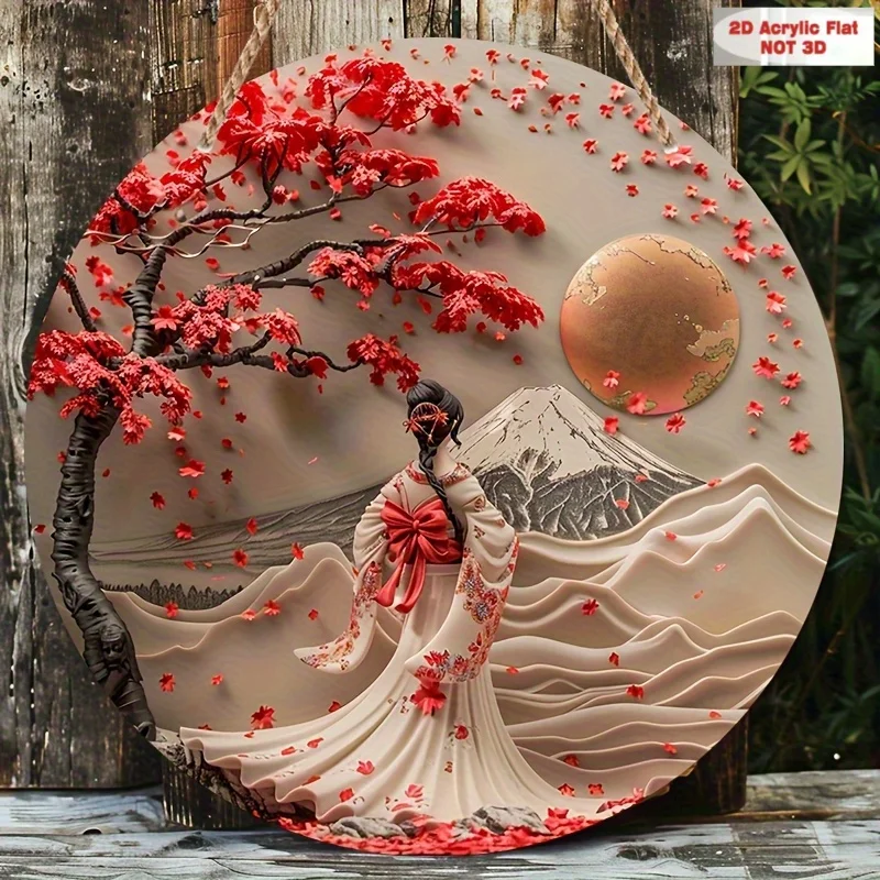 2D flaches 1-teiliges Holzschild im japanischen Stil, modische Wanddekoration aus Holz, japanische Frau im Kimono unter dem Kirschblütenbaum