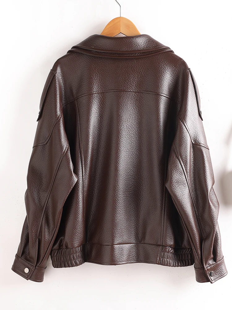   Giacca da donna in vera pelle di pecora Ning, modello casual e ampio, stile biker, nuova collezione autunnale, con cerniera e maniche corte.