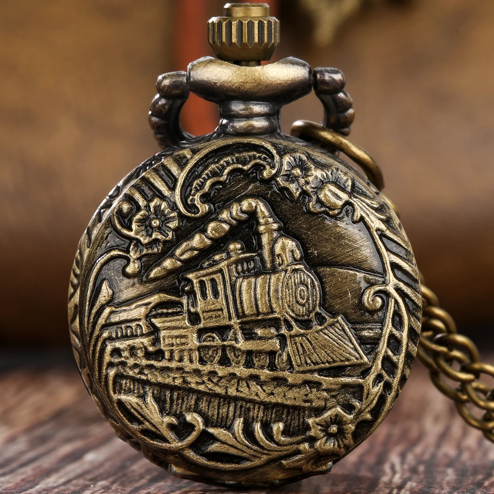 

Small Size Antique Bronze Train Locomotive Engine Carved Steampunk Gears Quartz Pocket Watch Men Clock Women Necklace Chain Gift