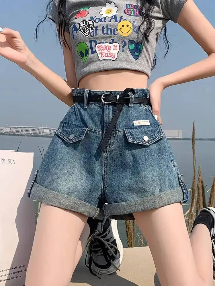 

Roll Up Hem Denim Shorts Women Fashion Summer High Waist Pockets Female Jean Shorts For Woman